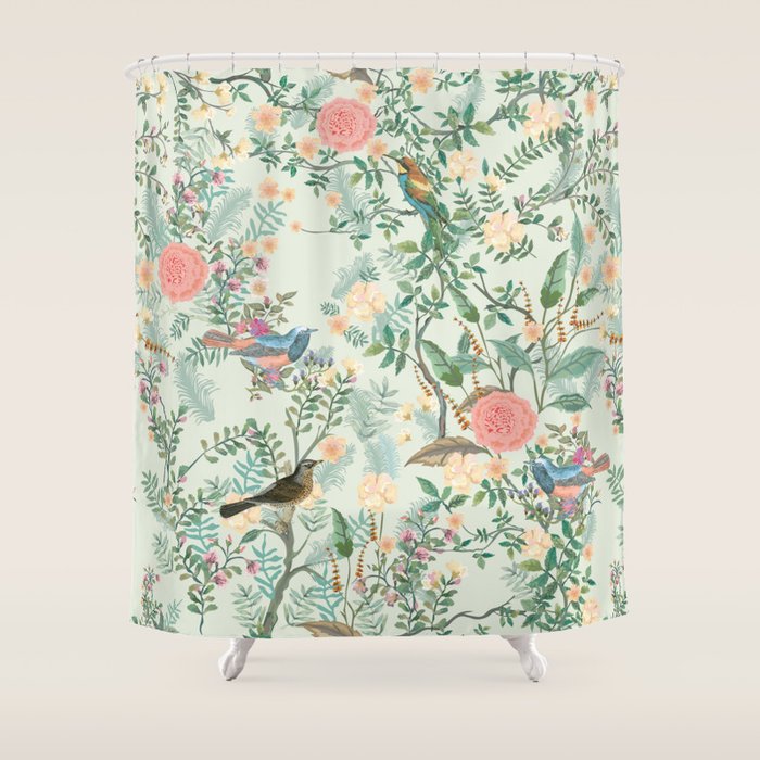 Chinoiserie Mint Green Pink Fresco Floral Garden Oriental Botanical  Shower Curtain Gallery Image 1