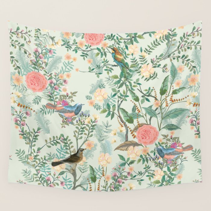 Chinoiserie Mint Green Pink Fresco Floral Garden Oriental Botanical  Wall Tapestry Gallery Image 1