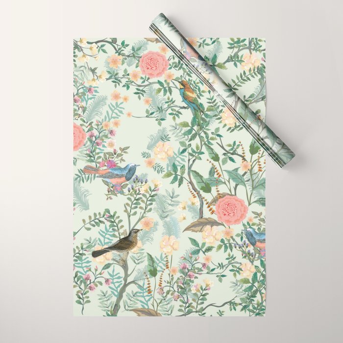 Chinoiserie Mint Green Pink Fresco Floral Garden Oriental Botanical  Wrapping Paper Gallery Image 1