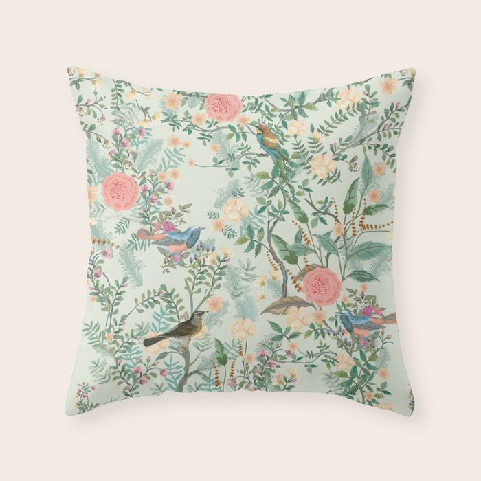 Chinoiserie Mint Green Pink Fresco Floral Garden Oriental Botanical  Throw Pillow Gallery Image 6