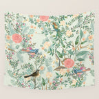 Chinoiserie Mint Green Pink Fresco Floral Garden Oriental Botanical  Wall Tapestry Gallery Image 4
