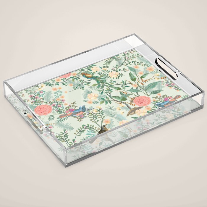 Chinoiserie Mint Green Pink Fresco Floral Garden Oriental Botanical  Acrylic Tray Gallery Image 1