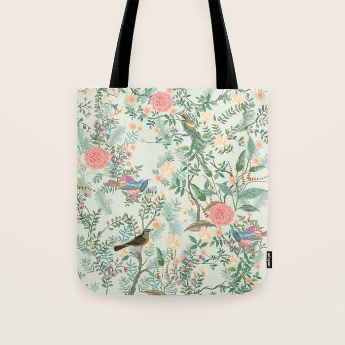 Chinoiserie Mint Green Pink Fresco Floral Garden Oriental Botanical  Tote Bag Gallery Image 1