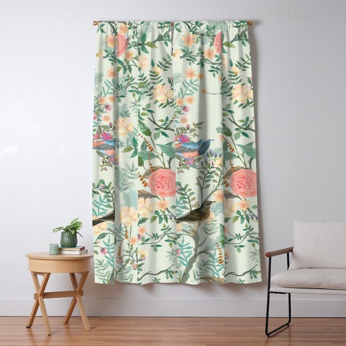 Chinoiserie Mint Green Pink Fresco Floral Garden Oriental Botanical  Window Curtain Gallery Image 1