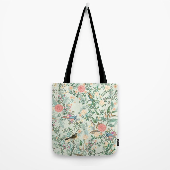 Chinoiserie Mint Green Pink Fresco Floral Garden Oriental Botanical  Tote Bag Gallery Image 2
