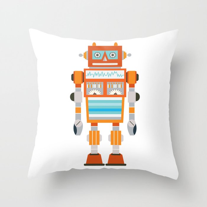 Orange Robot Retro Toy Throw Pillow Gallery Image 6