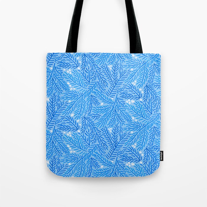 Winter Berries & Pine Branches in Blue Tote Bag Gallery Image 1