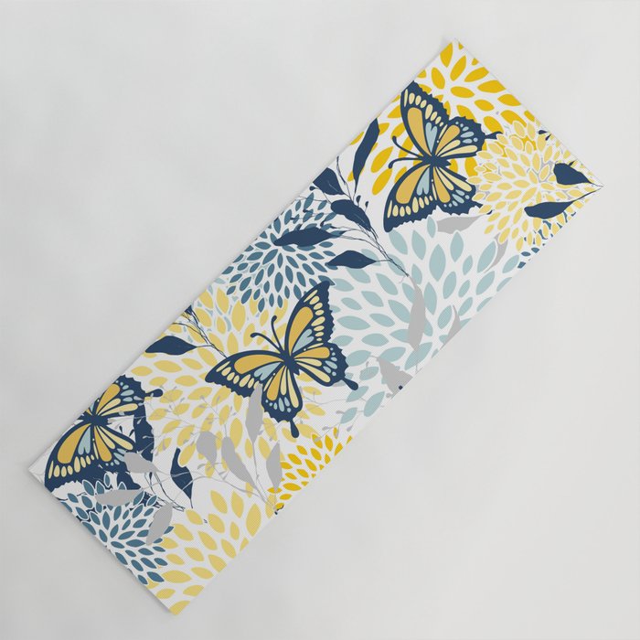 Floral and Butterflies Print, Blue and Yellow Yoga Mat Gallery Image 1