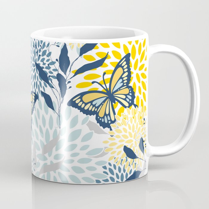 Floral and Butterflies Print, Blue and Yellow Coffee Mug Gallery Image 1