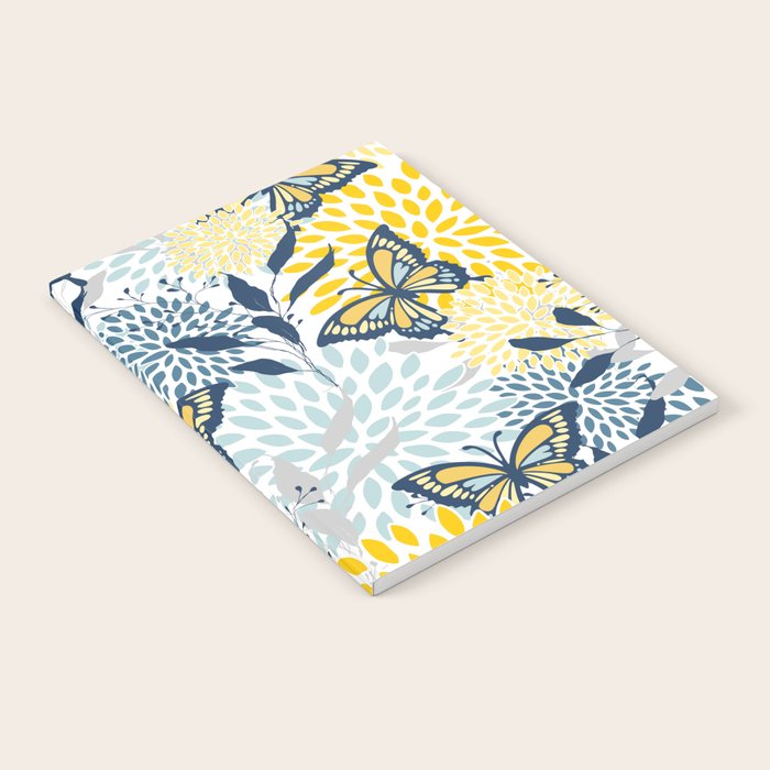 Floral and Butterflies Print, Blue and Yellow Notebook Gallery Image 1