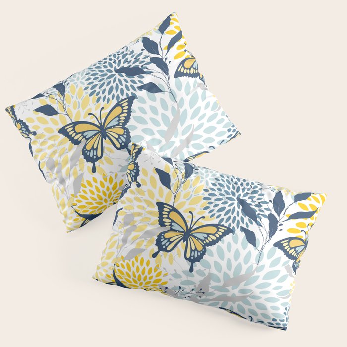 Floral and Butterflies Print, Blue and Yellow Pillow Sham Gallery Image 1