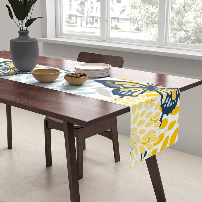 Floral and Butterflies Print, Blue and Yellow Table Runner Gallery Image 2