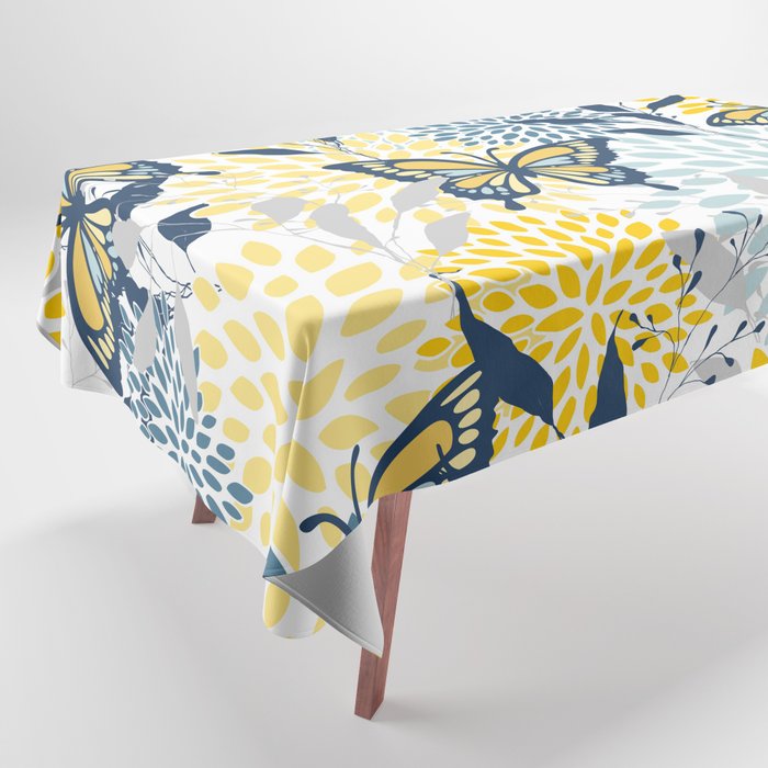 Floral and Butterflies Print, Blue and Yellow Tablecloth Gallery Image 1