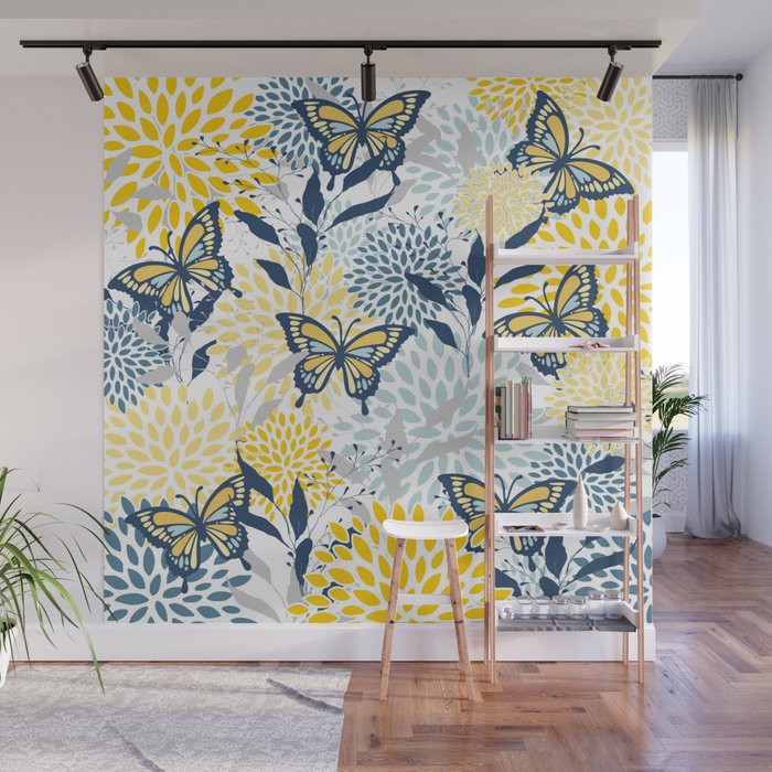 Floral and Butterflies Print, Blue and Yellow Wall Mural Gallery Image 1