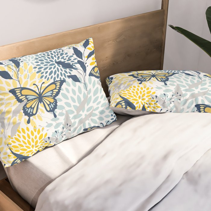 Floral and Butterflies Print, Blue and Yellow Pillow Sham Gallery Image 2