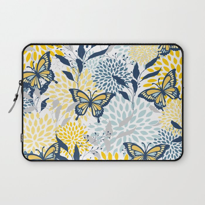 Floral and Butterflies Print, Blue and Yellow Laptop Sleeve Gallery Image 1