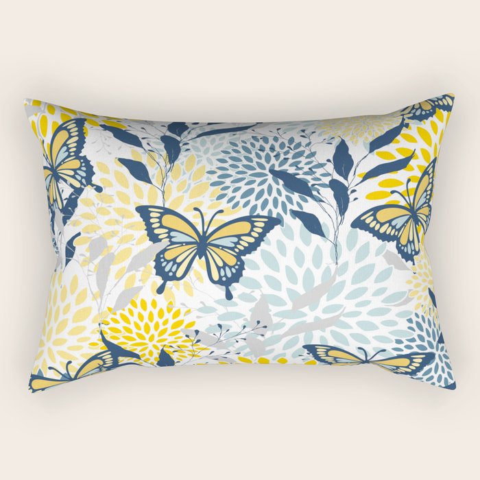 Floral and Butterflies Print, Blue and Yellow Rectangular Pillow Gallery Image 1
