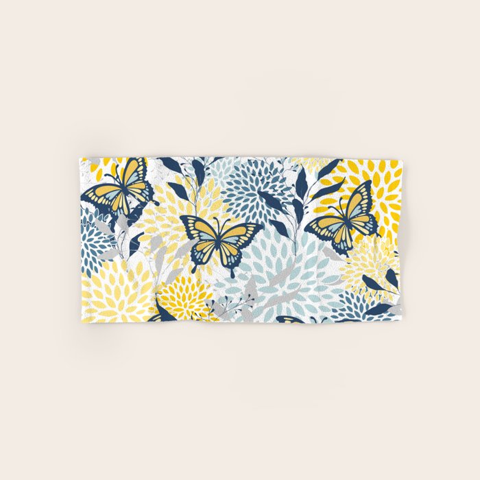 Floral and Butterflies Print, Blue and Yellow Bath Towel Gallery Image 1