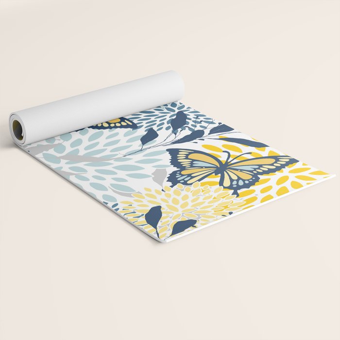 Floral and Butterflies Print, Blue and Yellow Yoga Mat Gallery Image 2
