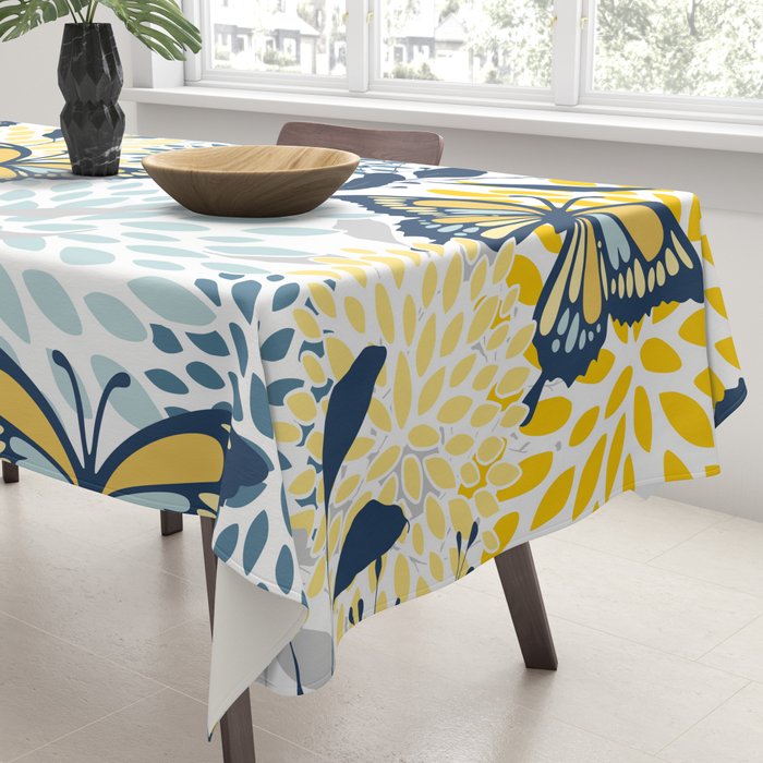 Floral and Butterflies Print, Blue and Yellow Tablecloth Gallery Image 3