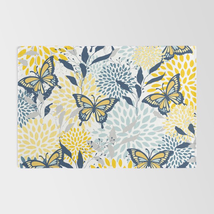 Floral and Butterflies Print, Blue and Yellow Rug Gallery Image 2