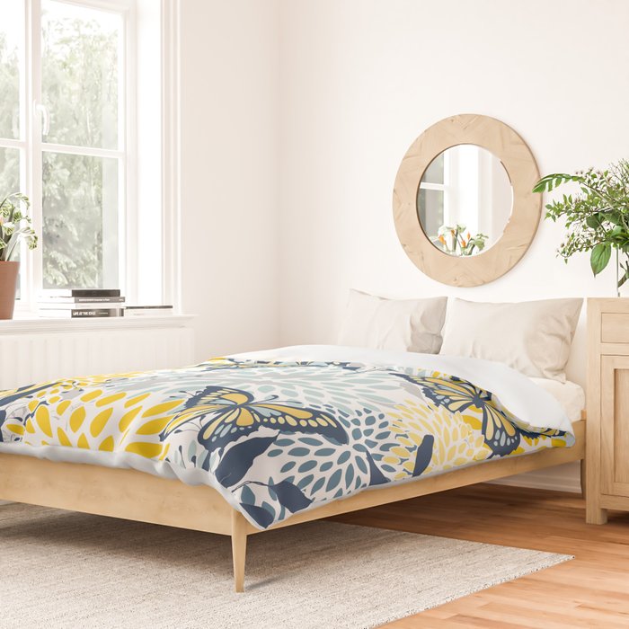 Floral and Butterflies Print, Blue and Yellow Duvet Cover Gallery Image 2