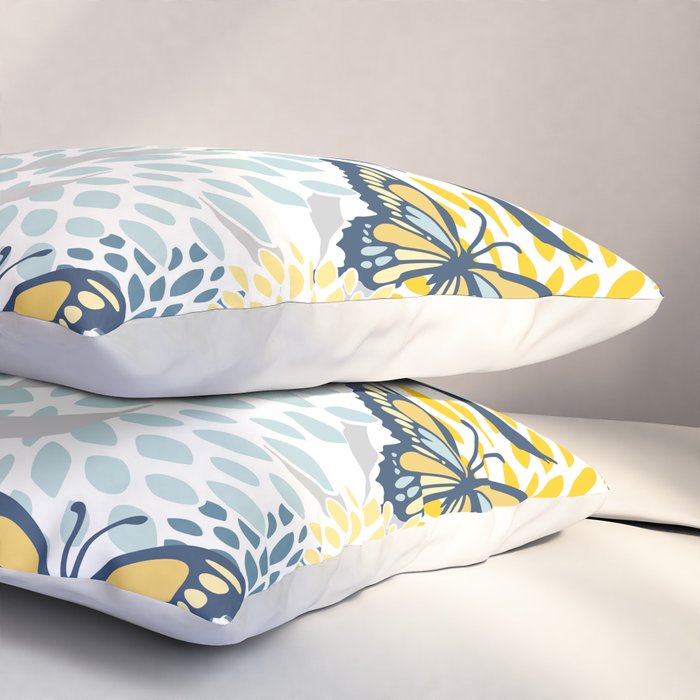 Floral and Butterflies Print, Blue and Yellow Pillow Sham Gallery Image 3