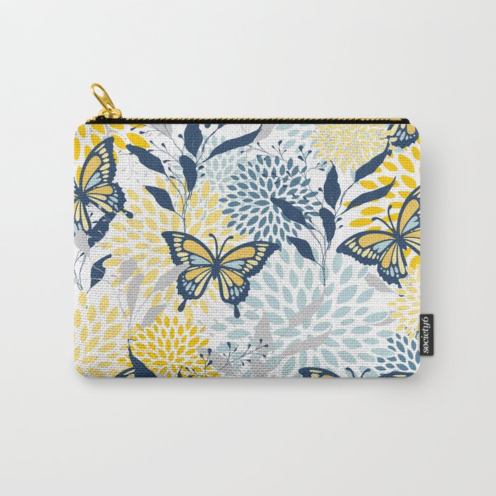 Floral and Butterflies Print, Blue and Yellow Carry All Pouch Gallery Image 1