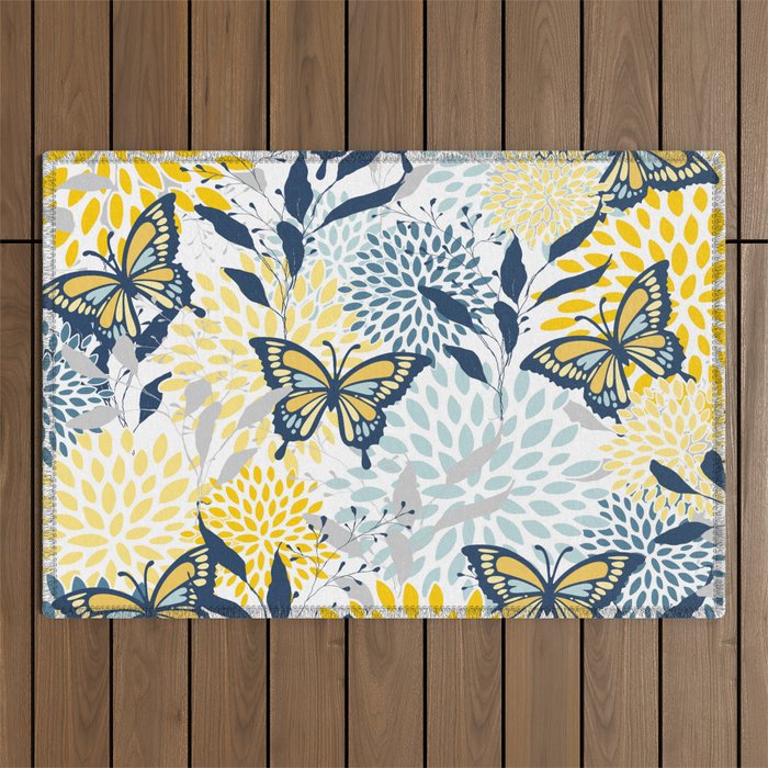 Floral and Butterflies Print, Blue and Yellow Outdoor Rug Gallery Image 1