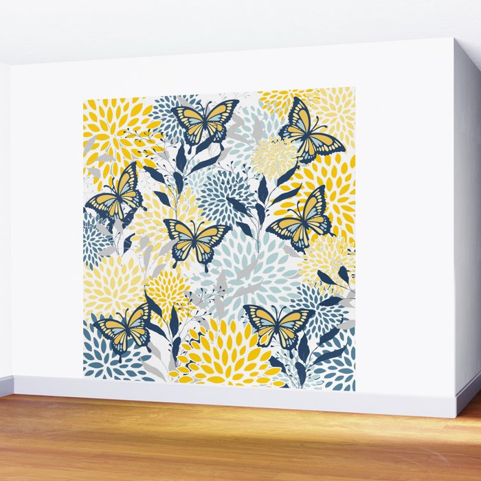 Floral and Butterflies Print, Blue and Yellow Wall Mural Gallery Image 2