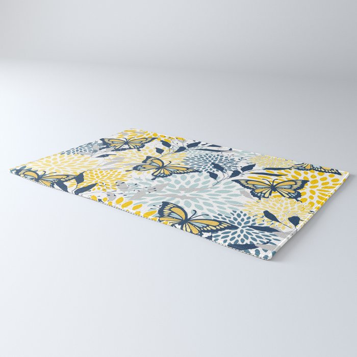 Floral and Butterflies Print, Blue and Yellow Rug Gallery Image 3