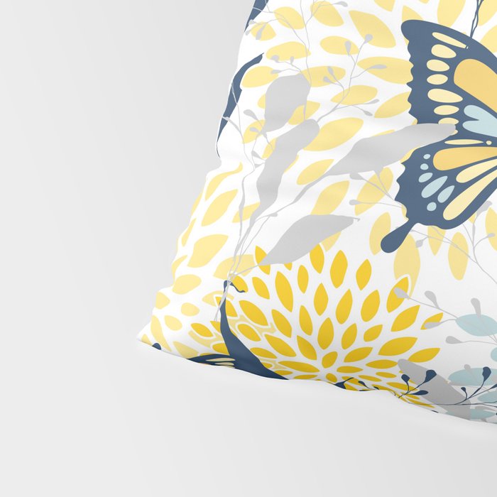 Floral and Butterflies Print, Blue and Yellow Pillow Sham Gallery Image 4