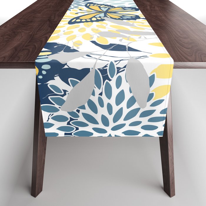 Floral and Butterflies Print, Blue and Yellow Table Runner Gallery Image 1