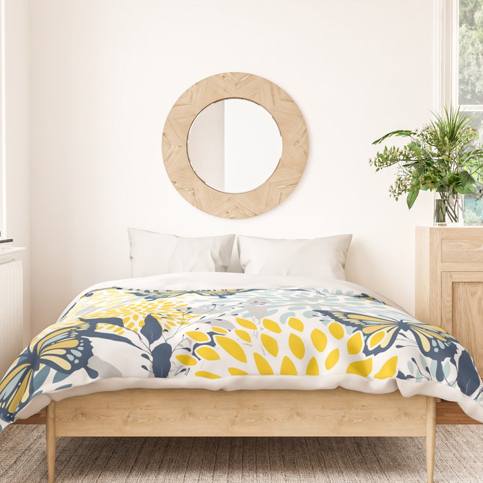 Floral and Butterflies Print, Blue and Yellow Duvet Cover Gallery Image 3