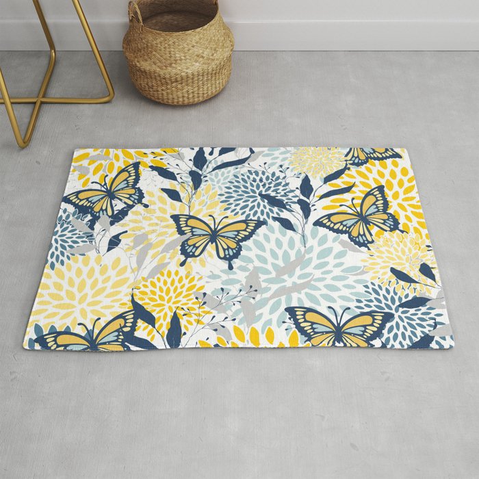 Floral and Butterflies Print, Blue and Yellow Rug Gallery Image 1