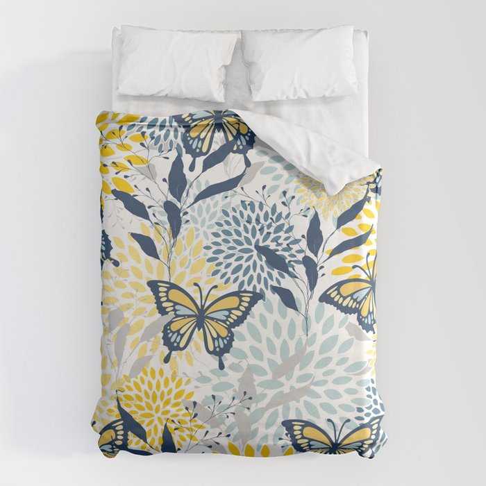 Floral and Butterflies Print, Blue and Yellow Duvet Cover Gallery Image 6