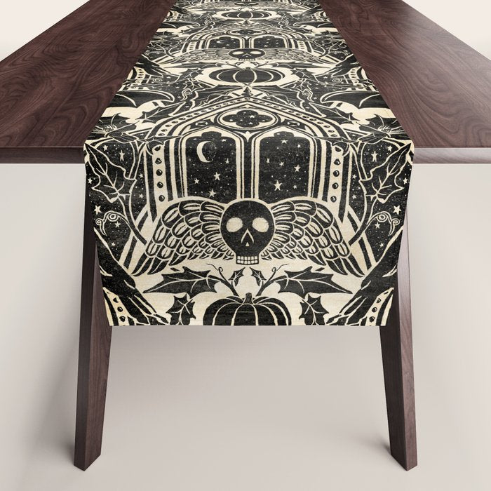 Gothic Halloween Damask - black and cream Table Runner Gallery Image 1