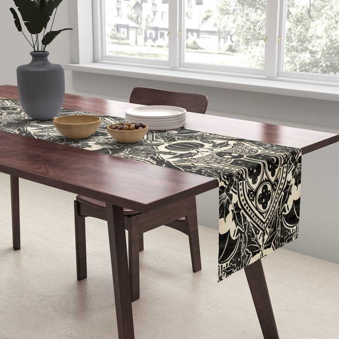 Gothic Halloween Damask - black and cream Table Runner Gallery Image 2