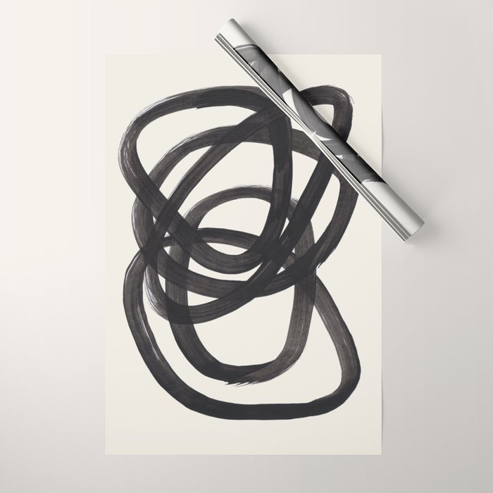 Mid Century Modern Minimalist Abstract Art Brush Strokes Black & White Ink Art Spiral Circles Wrapping Paper Gallery Image 1
