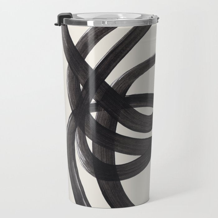 Mid Century Modern Minimalist Abstract Art Brush Strokes Black & White Ink Art Spiral Circles Travel Mug Gallery Image 3