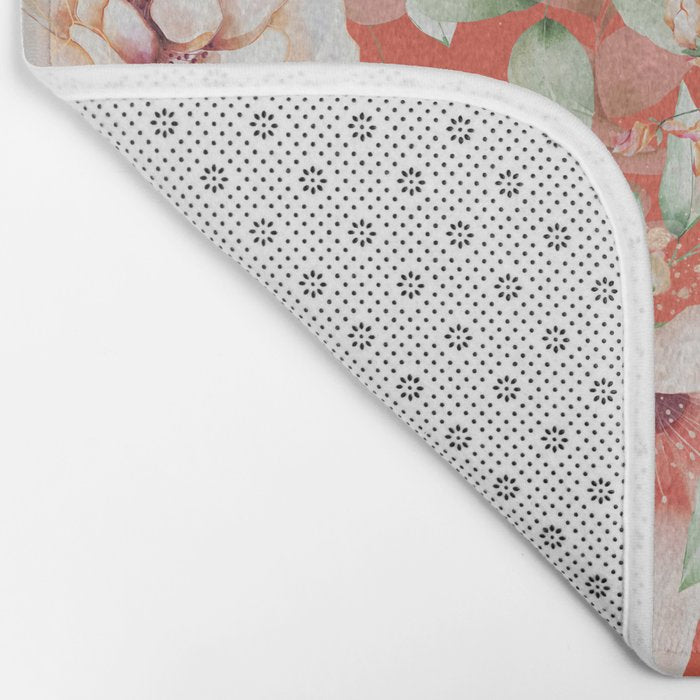 Peach Florals with Painted Speckles on Orange Coral Bath Mat Gallery Image 2