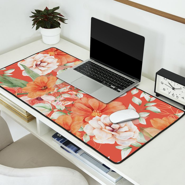 Peach Florals with Painted Speckles on Orange Coral Desk Mat Gallery Image 2