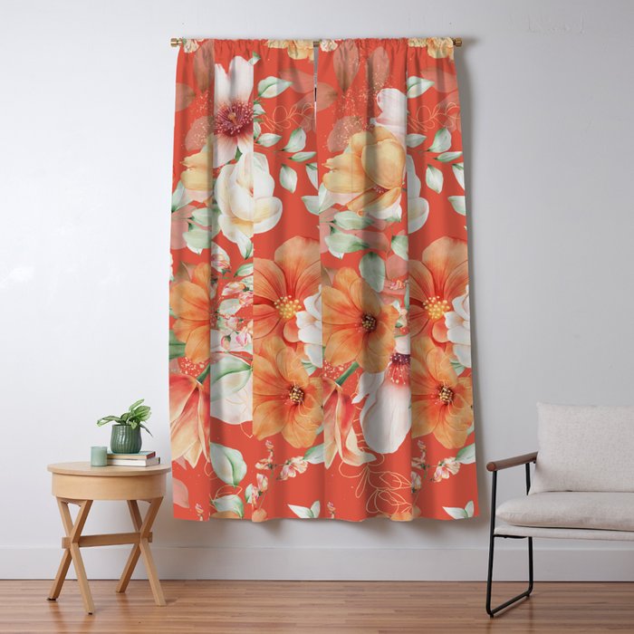 Peach Florals with Painted Speckles on Orange Coral Window Curtain Gallery Image 1