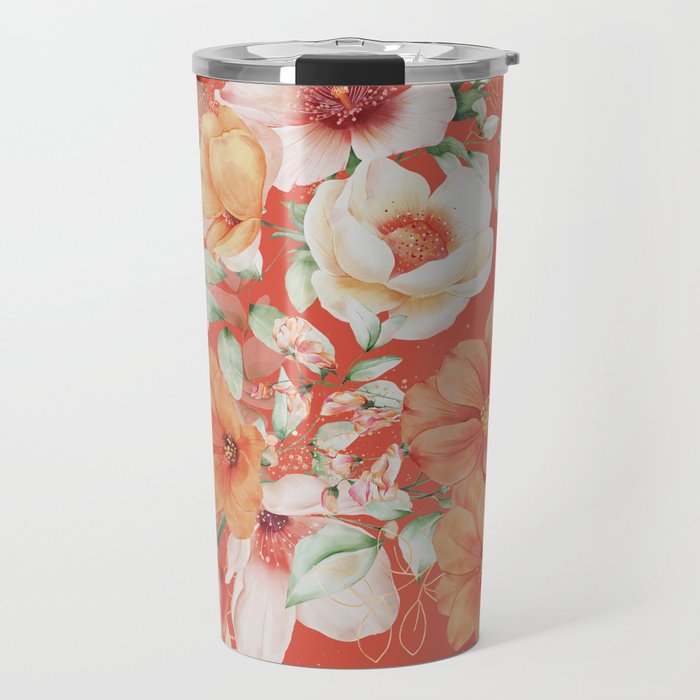 Peach Florals with Painted Speckles on Orange Coral Travel Mug Gallery Image 1