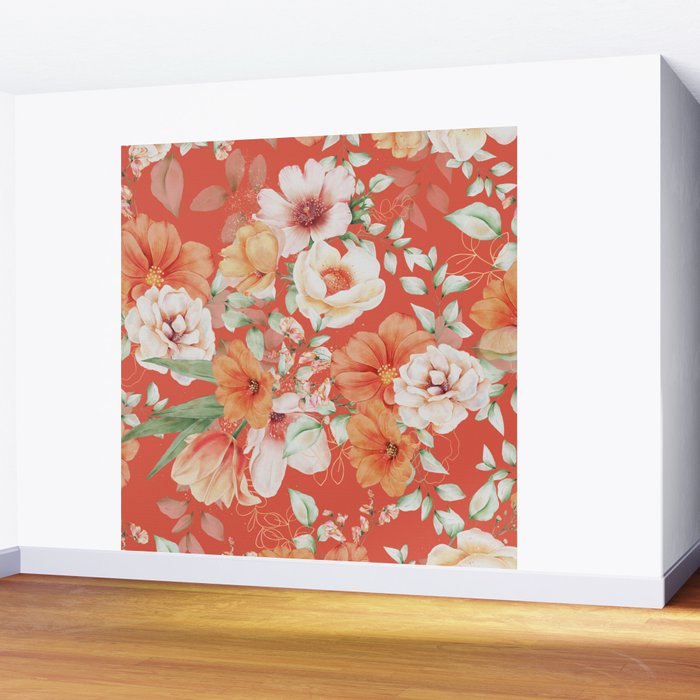 Peach Florals with Painted Speckles on Orange Coral Wall Mural Gallery Image 2
