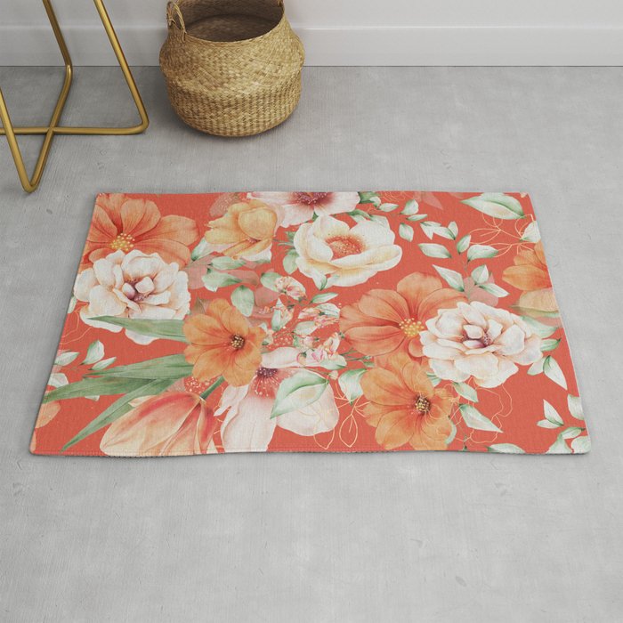Peach Florals with Painted Speckles on Orange Coral Rug Gallery Image 1