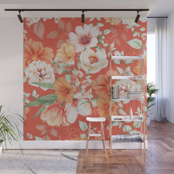 Peach Florals with Painted Speckles on Orange Coral Wall Mural Gallery Image 1