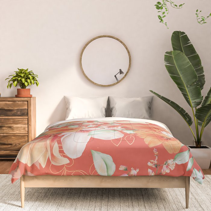 Peach Florals with Painted Speckles on Orange Coral Comforter Gallery Image 3