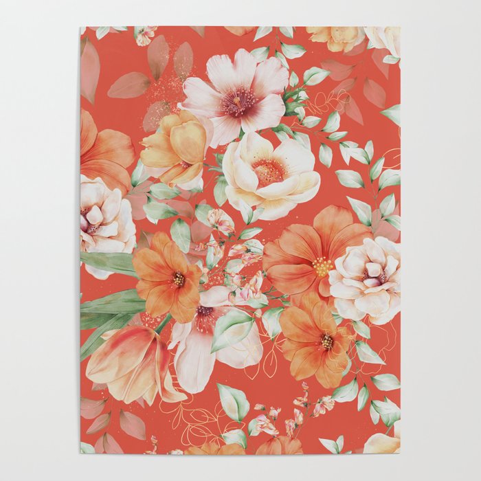 Peach Florals with Painted Speckles on Orange Coral Poster Gallery Image 4
