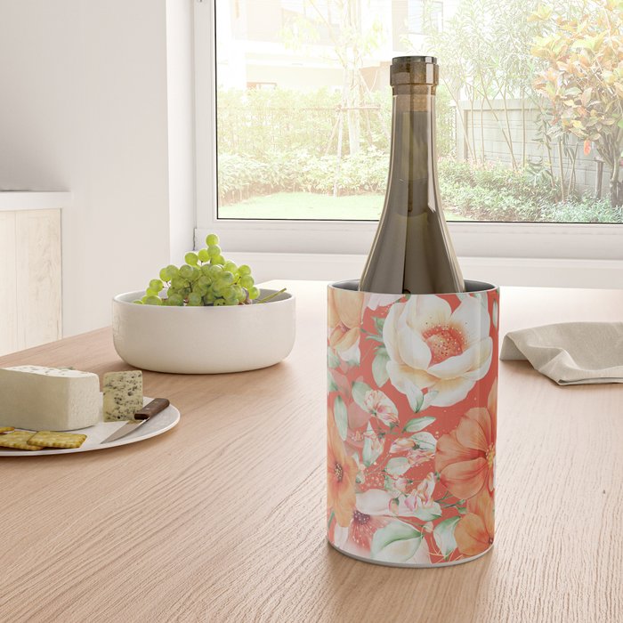 Peach Florals with Painted Speckles on Orange Coral Wine Chiller Gallery Image 4